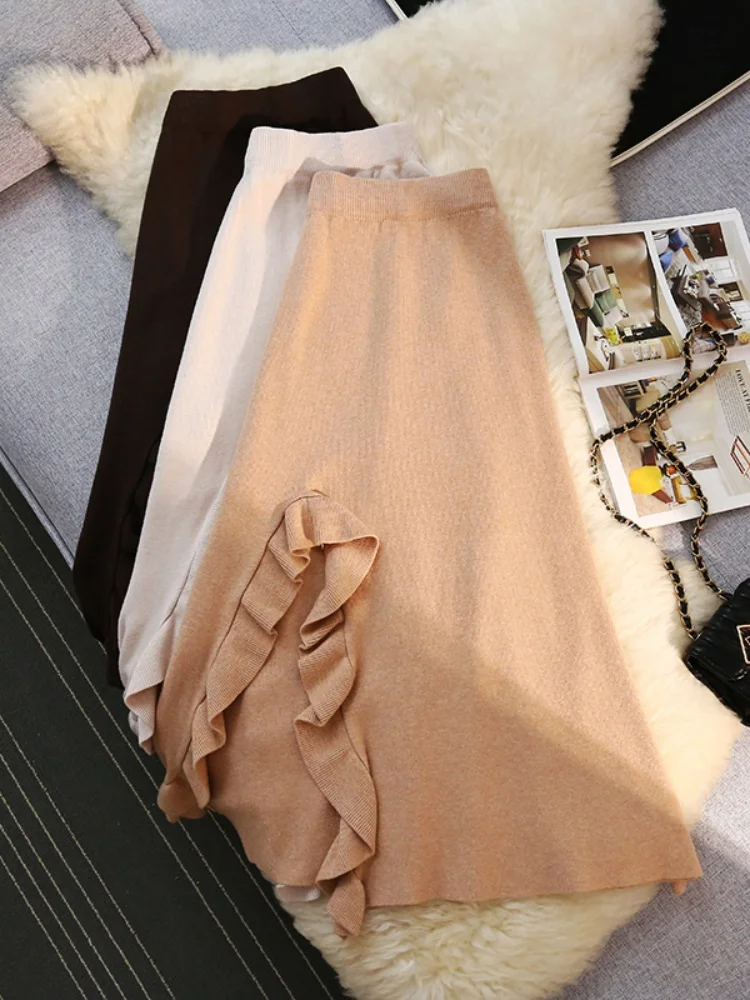 Женская трикотажная юбка SMTHMA средней длины с оборками и цветочным разрезом