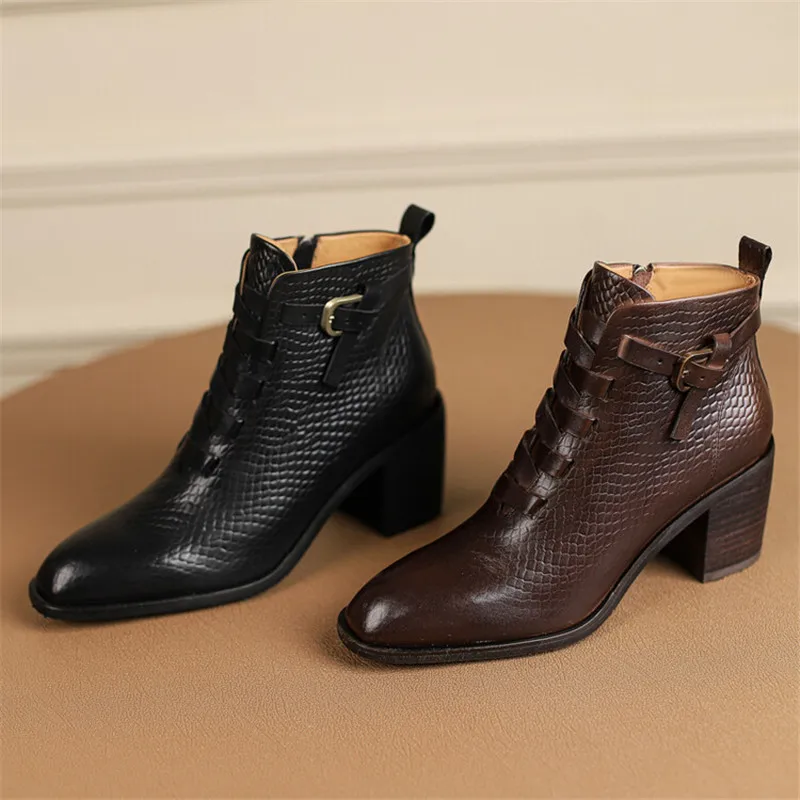

New Autumn Winter Round Toe Chunky Heel Genuine Leather Shoes for Women Short Boots Solid Color Zipper High Heel Ankle Boots