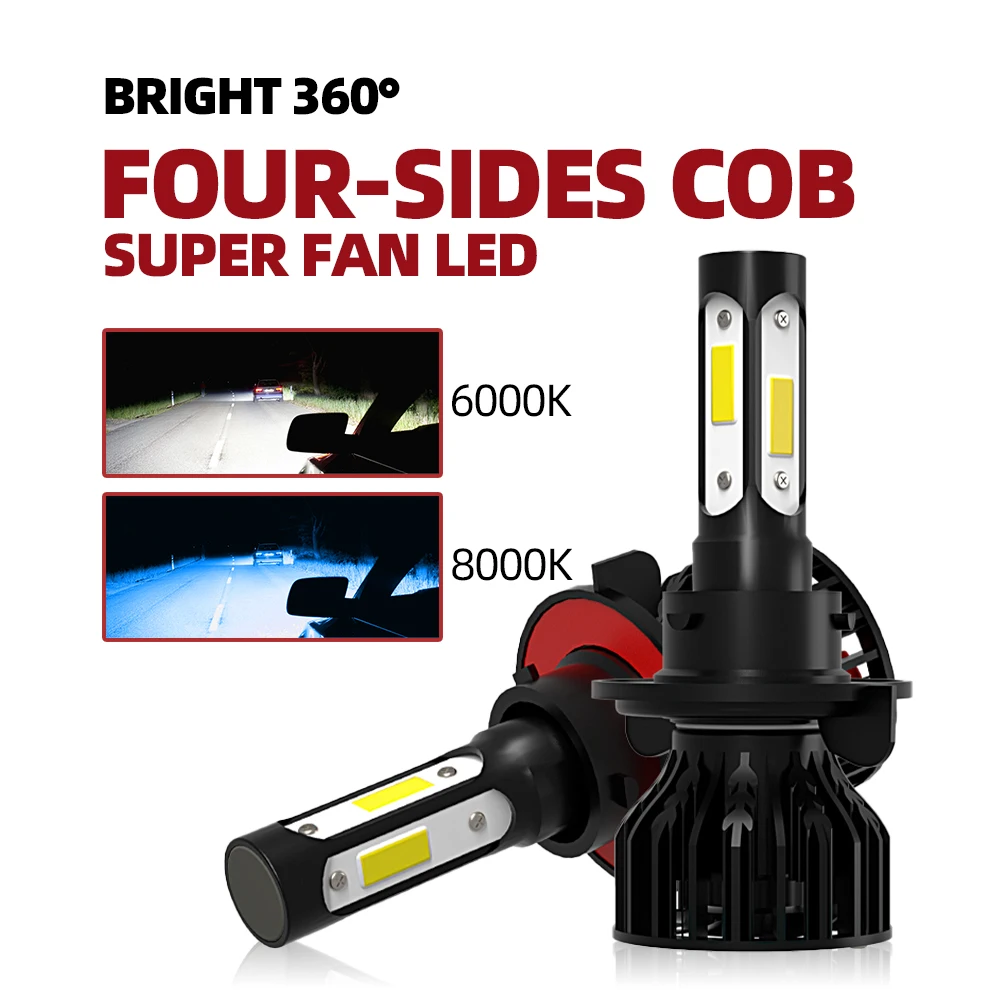 Roadsun H4 H7 Turbo Bi светодиодный H8 HB3 HB4 H11 H13 9004 9007 Luces Автомобильный Вентилятор фара 6000K 8000K авто туман светильник фара 8000LM