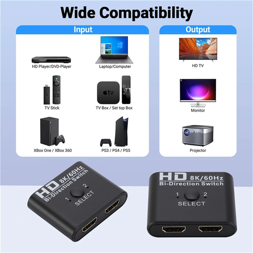 Фото 4K HDMI-совместимый переключатель двунаправленный сплиттер 1x 2/2x1 HDMI 8K 60 Гц переключатель 2 в 1 для PS4/3 ТВ-монитора переключатель адаптер №4