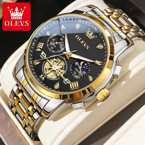 OLEVS Relógios masculinos Classic Multifuncional Fretwheel Chronógrafo Original Quartz Wristwatch Moon Fase 24 Hor