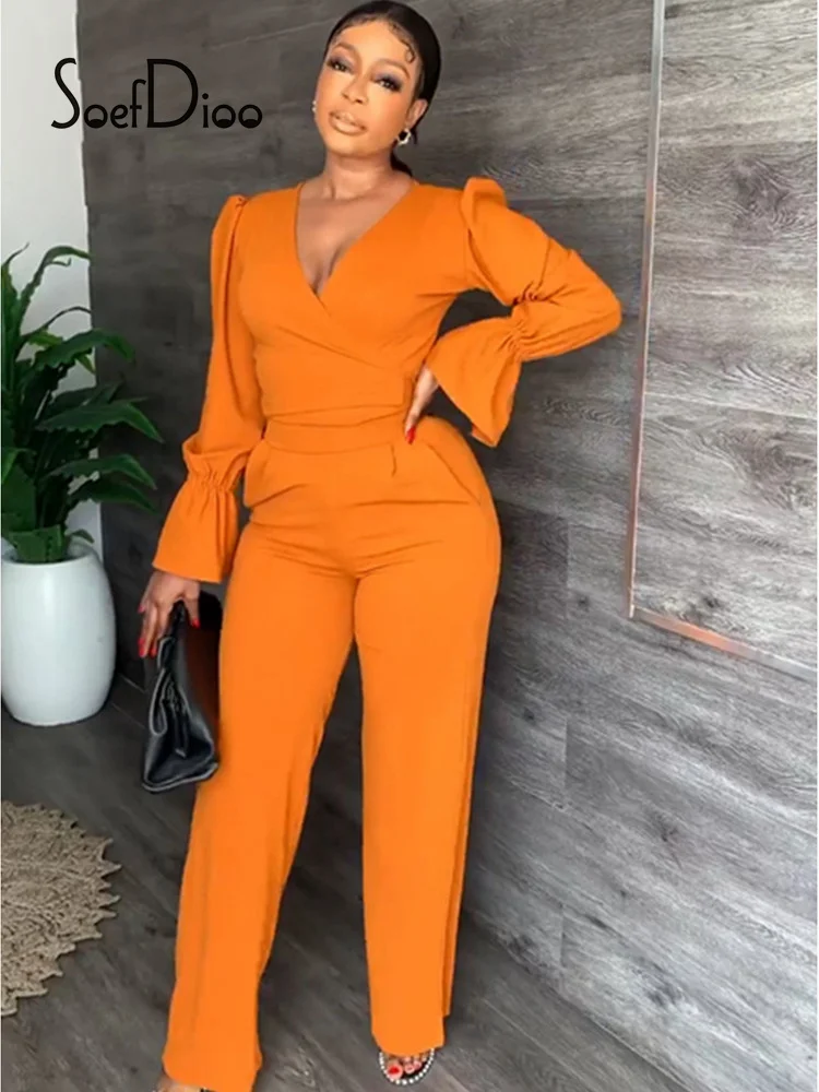 

Soefdioo Solid V-neck Long Sleeve Lace-up Crop Tops and Wide Leg Pants Two Piece Sets Womens Outfits Autumn 2022 Sexy Streetwear