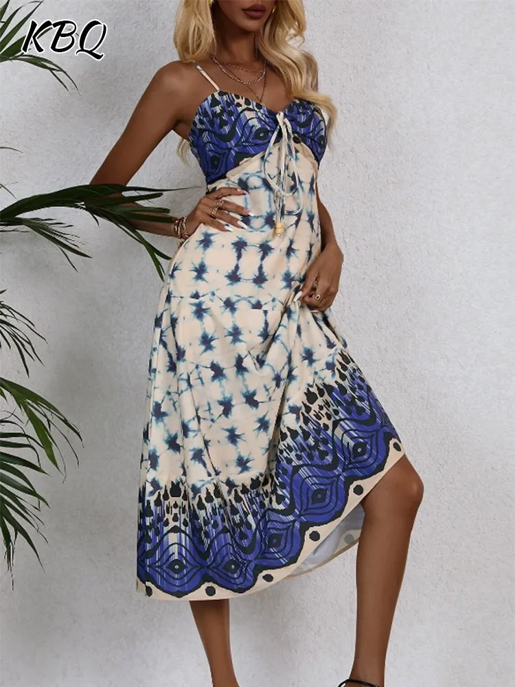 

KBQ Printing Vintage Dresses For Women Square Sleeveless High Waist Spliced Lace Up Casual Designer Dress Female Fashion Style