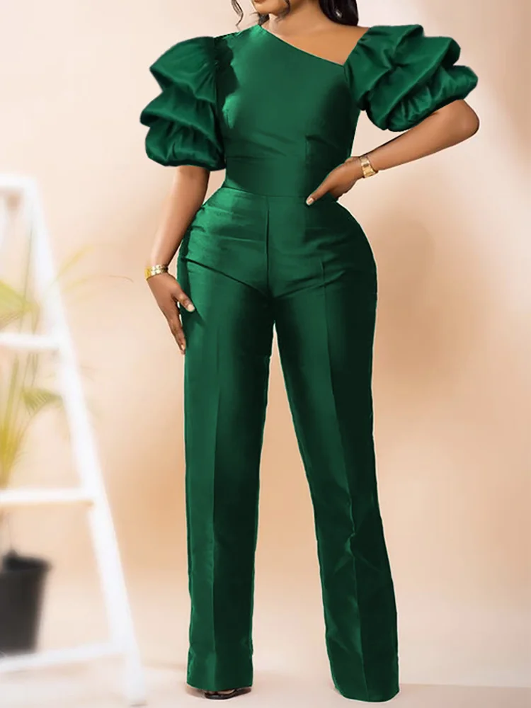 

Green Jumpsuit Women Summer Short Puff Sleeve Elegant Party Overalls for Female 2022 Office Ladies Skew Collar Rompers Jumpsuit