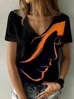 2022 premium fashion women 3d printed abstract portrait t shirt plus size printed summer v neck basic shirt black shirt
