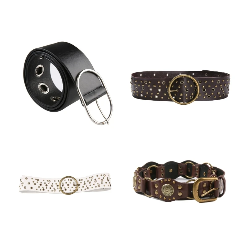 

Man Waist Belt with Relief Round Buckle Adjustable Buckle Waist Belt Hollow Out Waistband for Coat Shirt HXBA