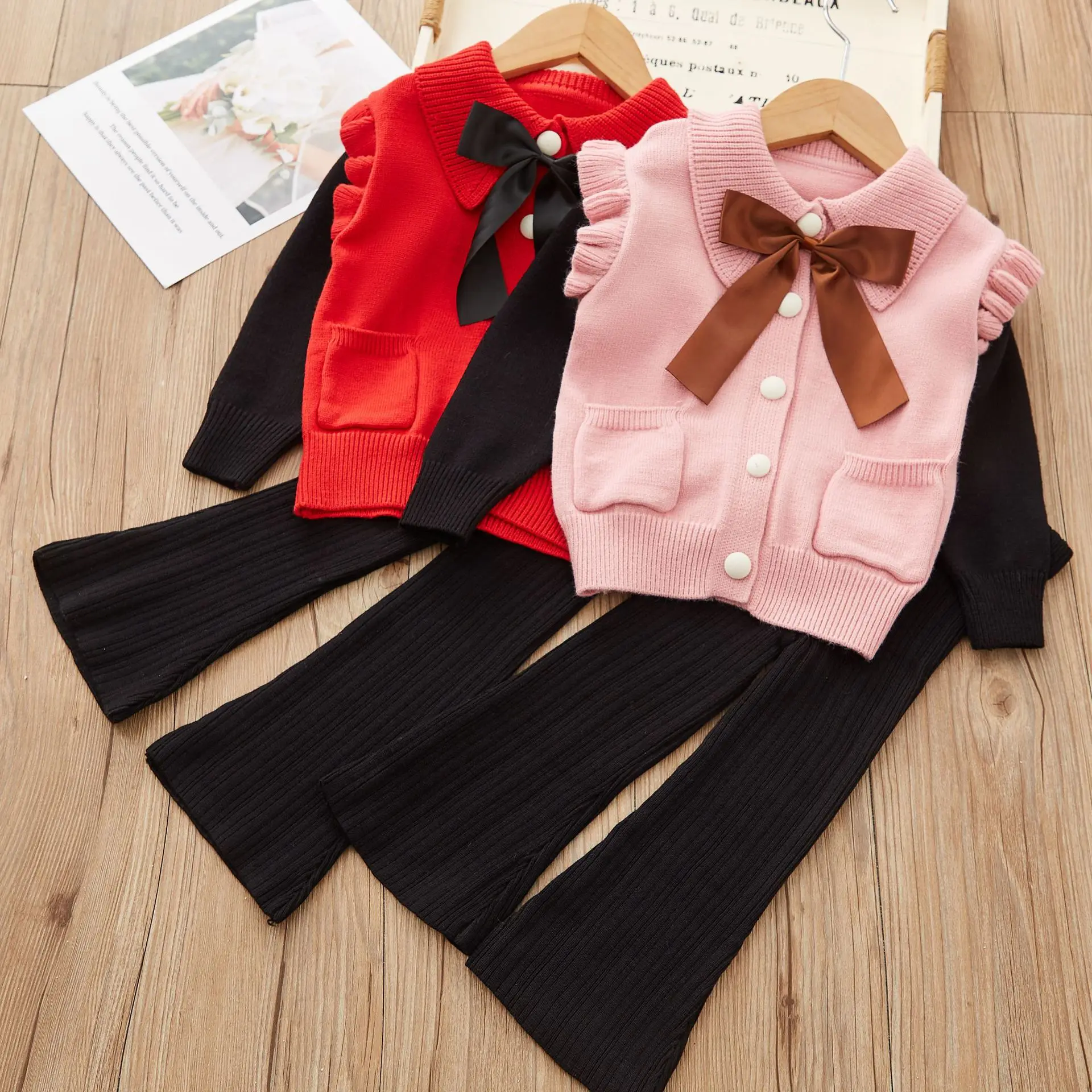 

Baby Girls Winter Clothes Set Warm Outfits Girls Flower Bowknot Knit Sweater and Pants Autumn Girl Clothing Set Children Costume