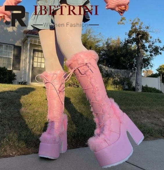 

Snow Boots For Women Fur Furry Fashion Platform Chunky Heel Goth Boots Knee High Med Calf Winter Autumn Shoes 2022 Pink Sugar