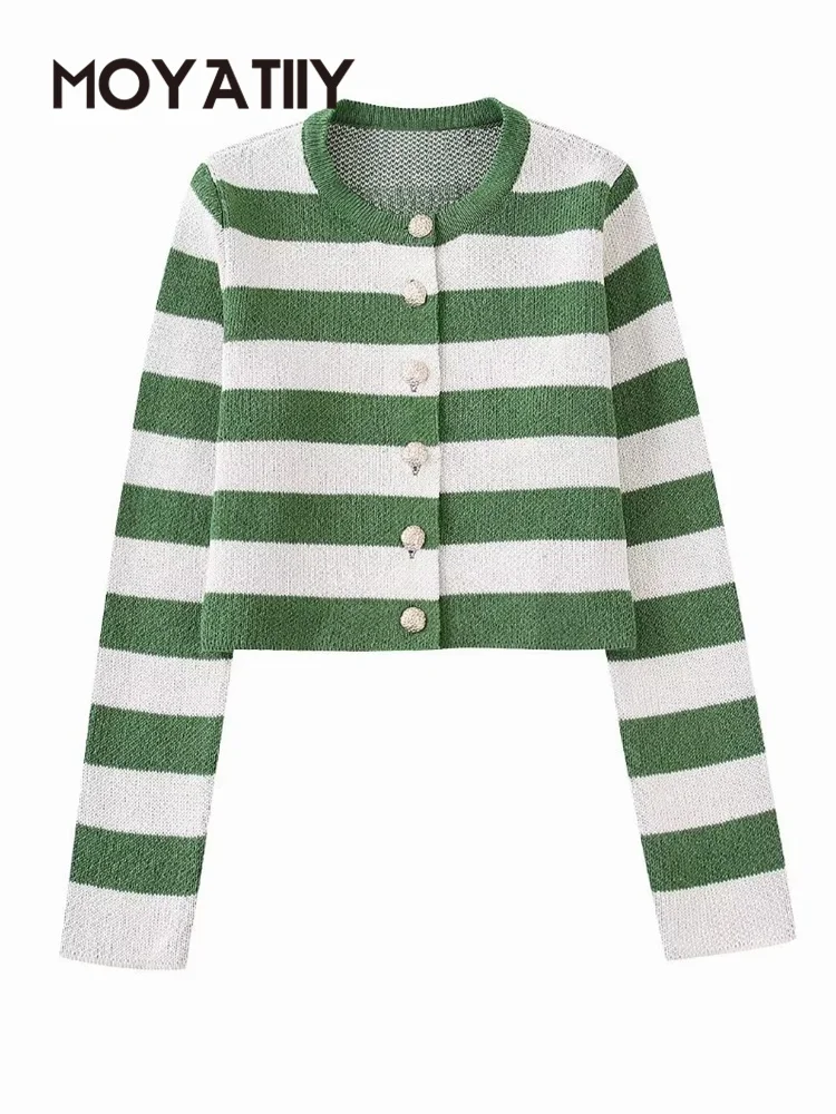 

MOYATIIY Women 2022 Fashion Spring Cardigan Gold Button Green Striped Knit Cardigans Sweaters Vintage O Neck Long Sleeve Tops