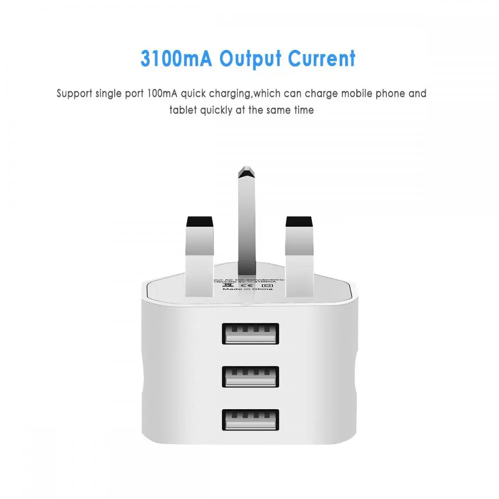 

UK Wall Plug Power 3-pin Plug Adapter Charger With 3 USB Ports For Mobile Phone Tablets USB Fast Charging Mobile Phone Charger