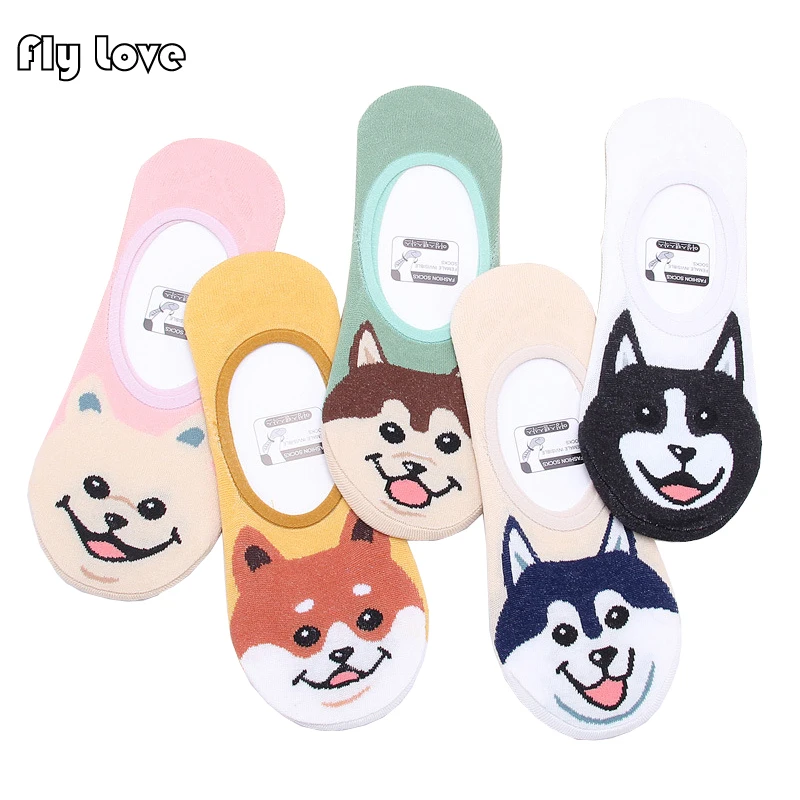 

Women Cotton Short Socks Summer Cute Cartoon Dog Patterns Non-slip Low Cut No Show Socks Slipper 5 Pairs Candy Colors