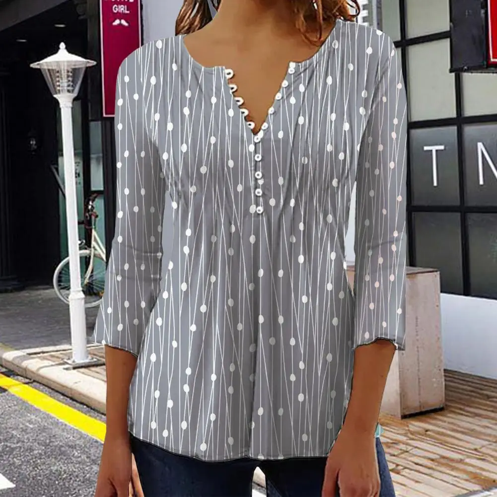 

Women Shirt V Neck Long Sleeve Pullover Buttons Waist Tight Dressing Soft Lady Autumn Dot Print Casual Top T-shirt for Work