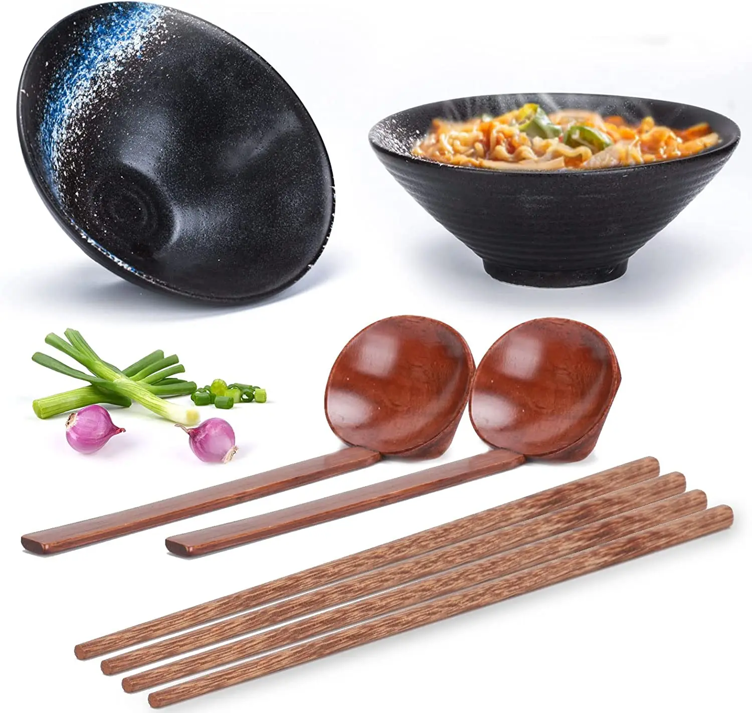 

Bols à ramen céramique, 2 Ensembles bol japonais vintage avec baguettes et cuillère, bol céramique pour Ramen, salade, cé