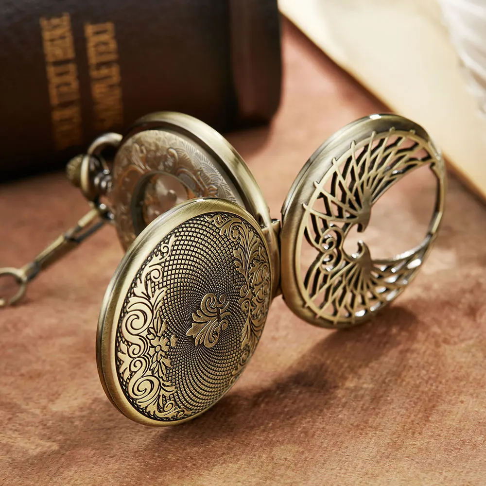 Vintage Angel Double Wings Black Mehanical Pocket Watch FOB Chain Hollow Skeleton Hand Wind Mechanical Mens Womens Watch