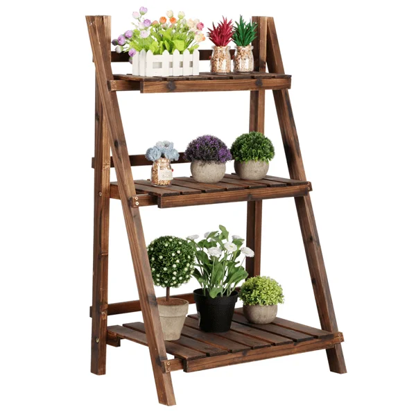 

3-Tier Wooden Folding Flower Ladder Display Stand for Balcony Yard