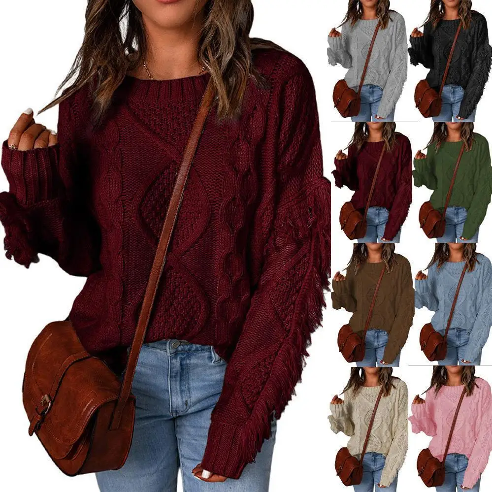 

Autumn/Winter loose diamond patterned tassel top for women with solid color pullover and round neck knitted sweater for women
