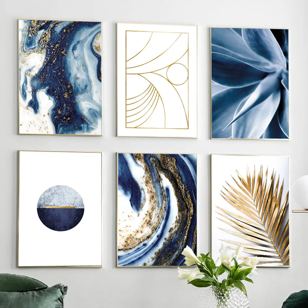 

Modern Posters and Prints Abstract Gold Foil Lines Blue Canvas Art Paintings for Living Room Bedroom Wall Pictures Home Decor