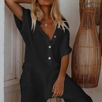 women solid loose buttons high waist rompers 2021 summer new cotton linen casual wide leg jumpsuits one piece outfit oversize