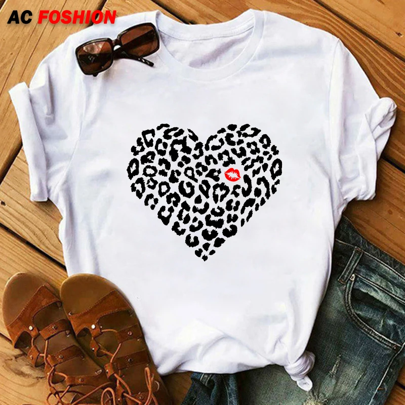 

2022 New Women T-Shirts Lip Leopard Heart Print T Shirt Women Summer Casual White Tops Loose Short Sleeve Tshirt Camisas Mujer