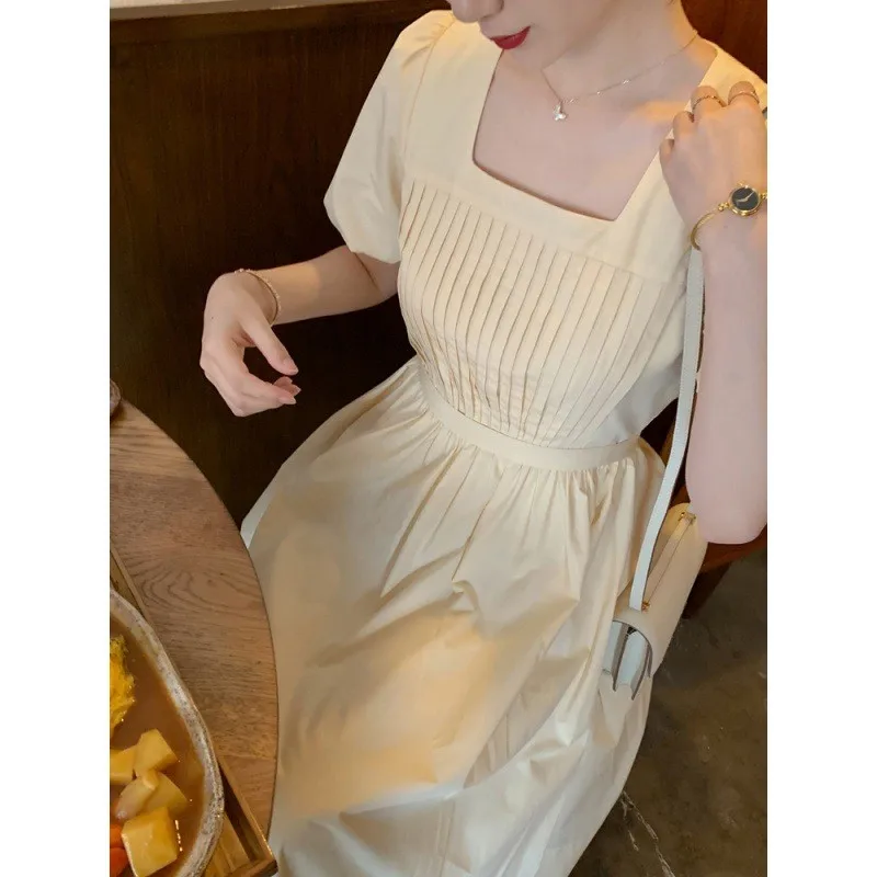 

Платье женское однотонное с квадратным вырезом, повседневное приталенное светильник-желтое платье средней длины, с пышными рукавами, в фра...