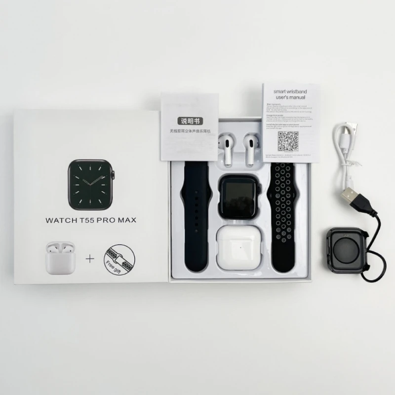 

Смарт-часы HUAWEI T55 Pro Max, наушники TWS, 2 в 1, пульсометр, режим мульти-спорта, 1,71 дюйма, женские и мужские Смарт-часы для Apple