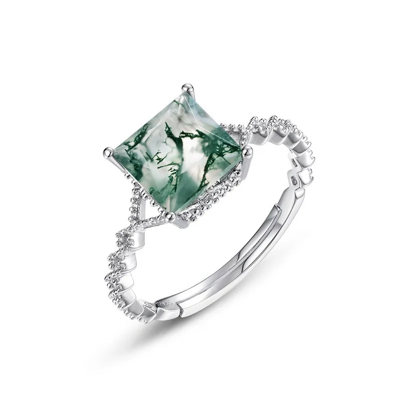 Квадратный натуральный моховый агат стерлинговое серебро 925 пробы регулируемые