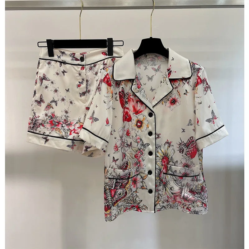 

22 Spring Luxury 2 Piece Shirt Short Set Women Single Breasted Lapel Collar Butterfly Print Short Sleeve Shirt High Waist Shorts