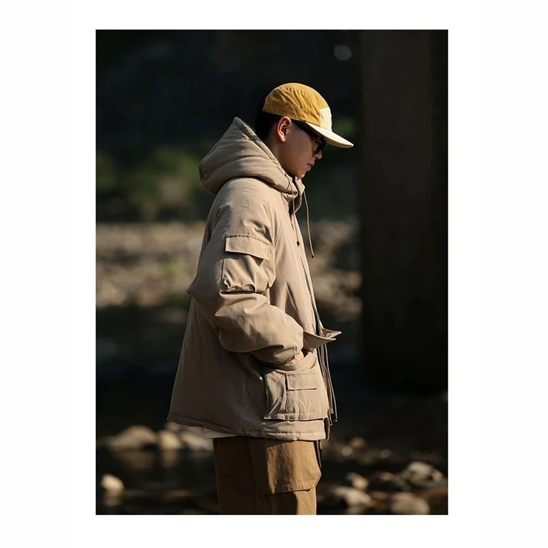 Men's Japanese thick hooded parka casual loose winter warm cotton jacket men's coat imitation silk cotton tooling jacket