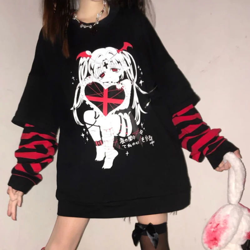 Emo Style Women Streetwear Gothic Anime Sweatshirts Punk Long Sleeve 2000s Graphic Tees Y2k Fairy Grunge Goth Egirl Alt Clothes images - 6