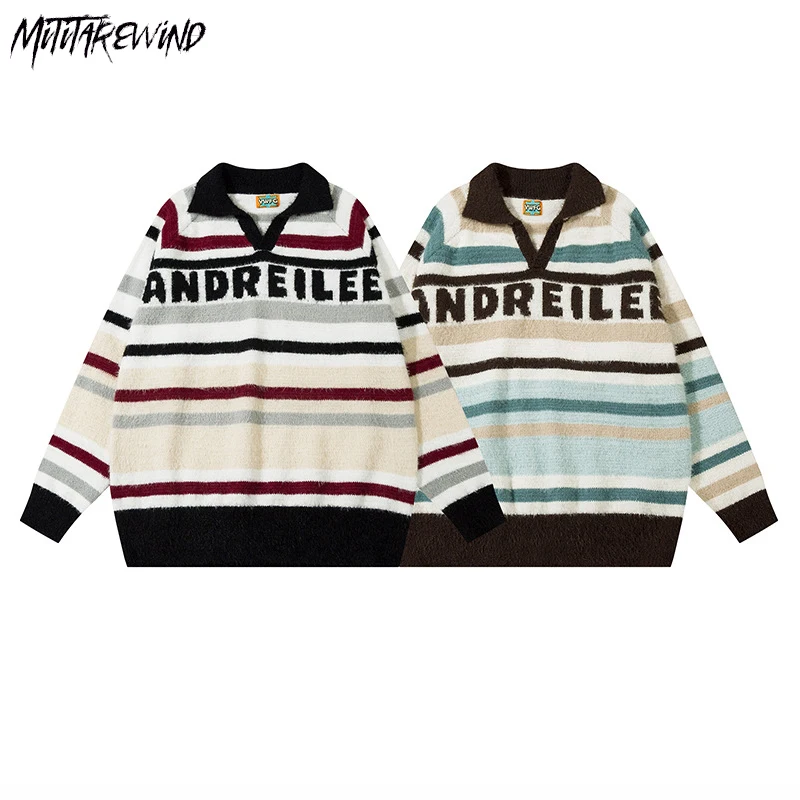 

Повседневные свободные свитера поло для пар с длинным рукавом вязаная уличная одежда трикотажная одежда с буквенным принтом корейский преппи Харадзюку осенне-зимние топы