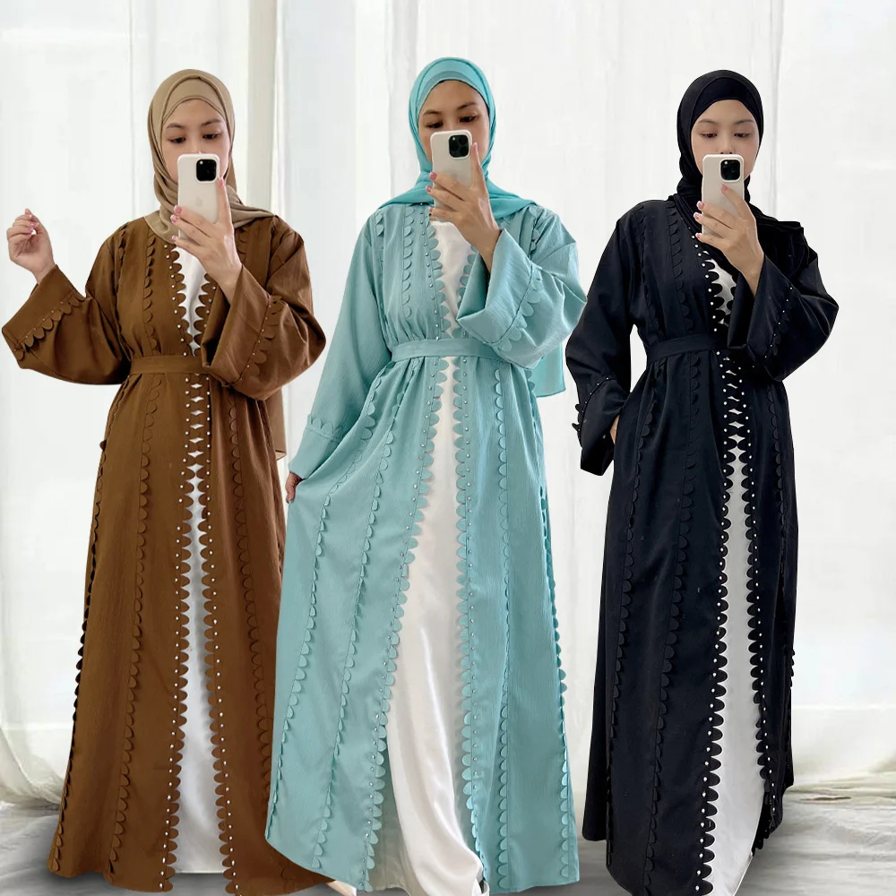 

Muslim Beading Open Abaya Silk Full Dresses Cardigan Kimono Long Robe Gowns Jubah Middle East Ramadan Arab Islamic Clothing