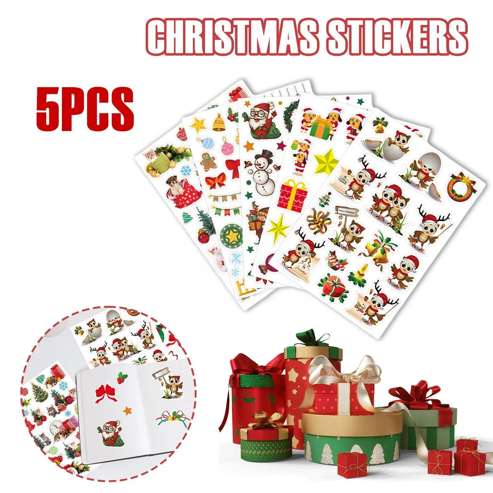 

5psc Christmas Stickers Sheet Pack Stickers Santa Claus Toys Stickers Holiday Cartoon Illustration Design Children M1r0