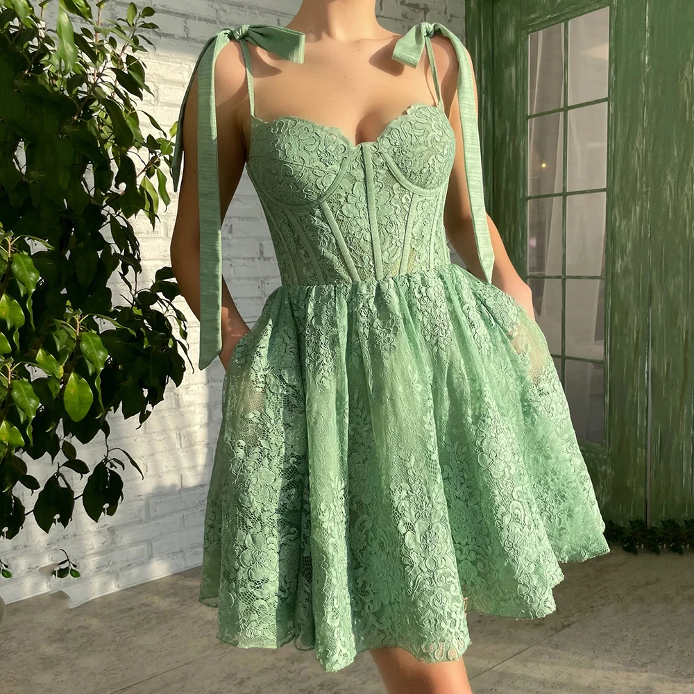 Yipeisha-Vestido corto de fiesta de cumpleaños, minivestido de fiesta de encaje Verde menta, con tirantes finos, para baile de graduación