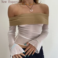 off the shoulder mesh sexy hollow blouse slim fit halter long sleeved summer beach top casual transparent red short t shirt