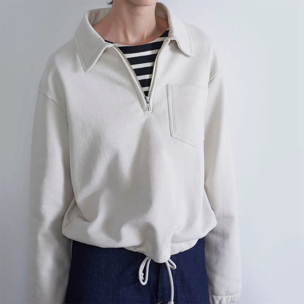 

MH@Europe and the United States niche casual commuter lapel half zip drawstring sweater female pullover tops