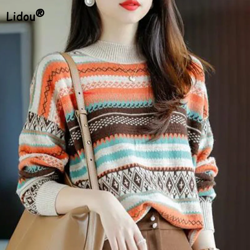 

Vintage Nation Tribe Color Blocked Bottomed Sweater Autumn Winter Lazy Crew Neck Loose Long Sleeve Knitted Pullover Top Female