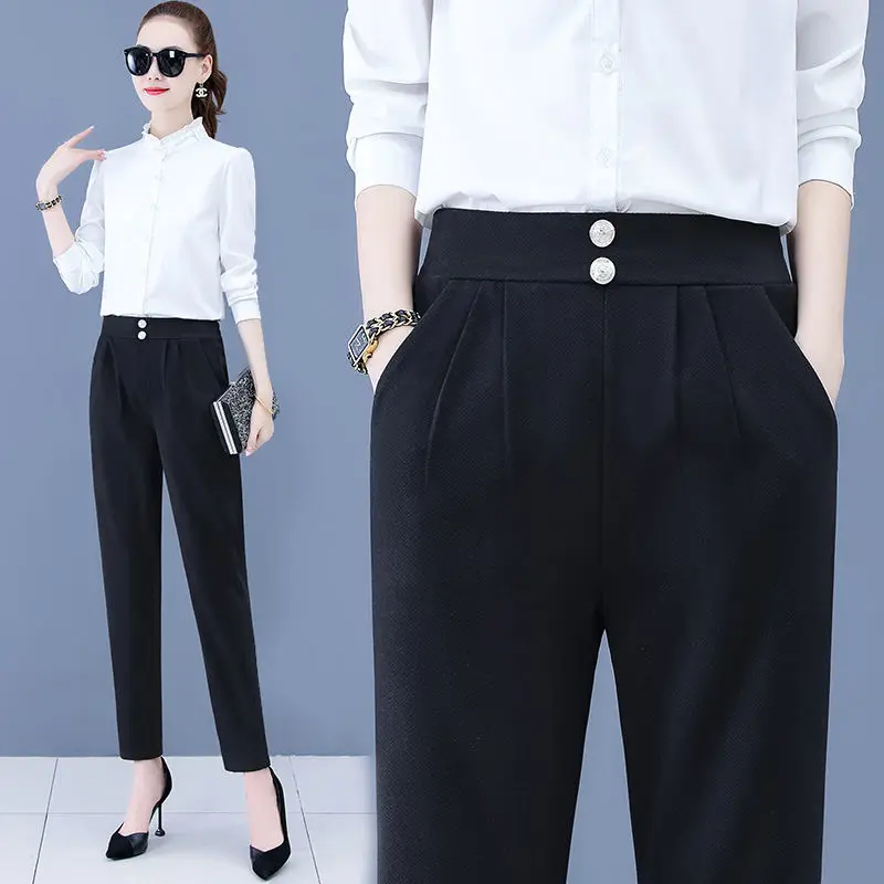 Streetwear Women's Slim Harem Pants New Two Buttons Stretch Casual Trousers Plus Size High Waist Straight Pencil Pants Female