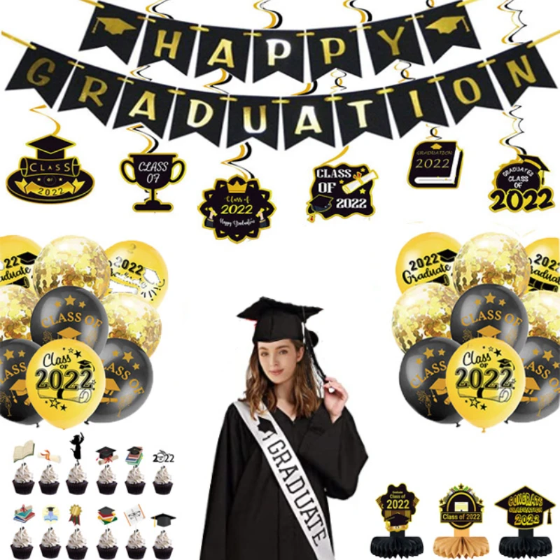 

2022 graduation party decoration banner balloon graduation celebration cake flag honeycomb decoration venue layout supplies