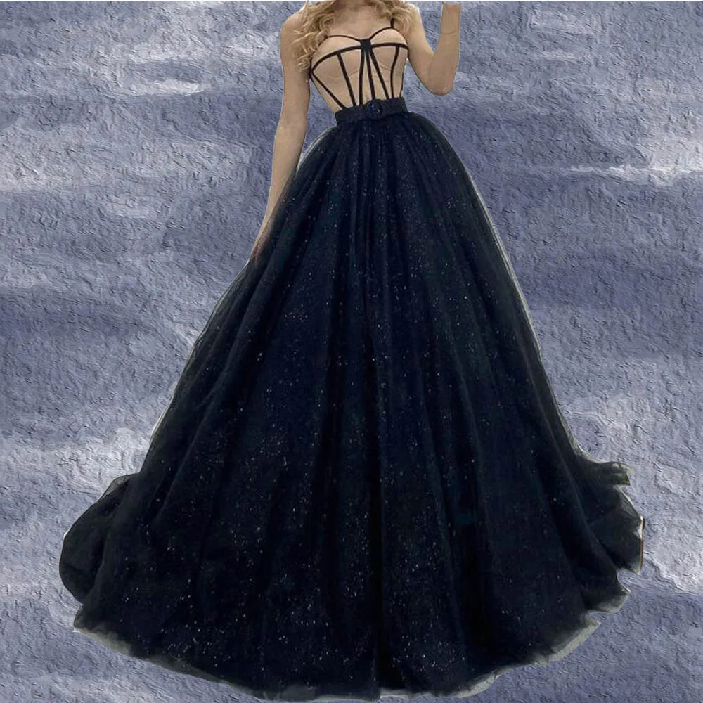 

Новое поступление 2022, длинные черные блестящие Бальные платья из тюля на тонких бретелях для выпускного вечера