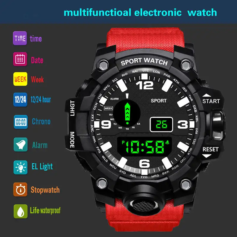 

Outdoor Sports Watch Alarm Clock Multifunctional Waterproof 5Bar LED Display Watches Chrono Digital Watch reloj hombre drop ship