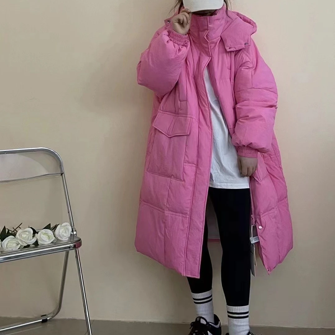 

Street Jacket Short Candy Color Long Bread Coat Women Tops Warm Hooded Korean New Pink Down Parkas Oversized Winter Jacket Lady