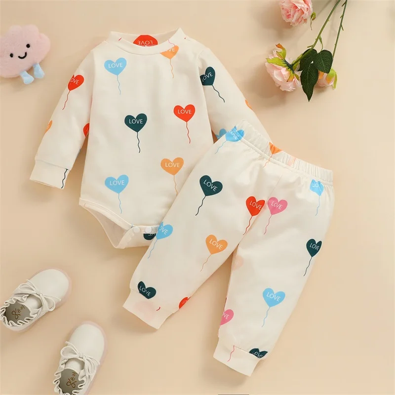 

Infant Toddler Baby Boy Girl Valentines Day Outfits Long Sleeve Heart Print Romper Bodysuit Top Pants 2Pcs Clothes Set