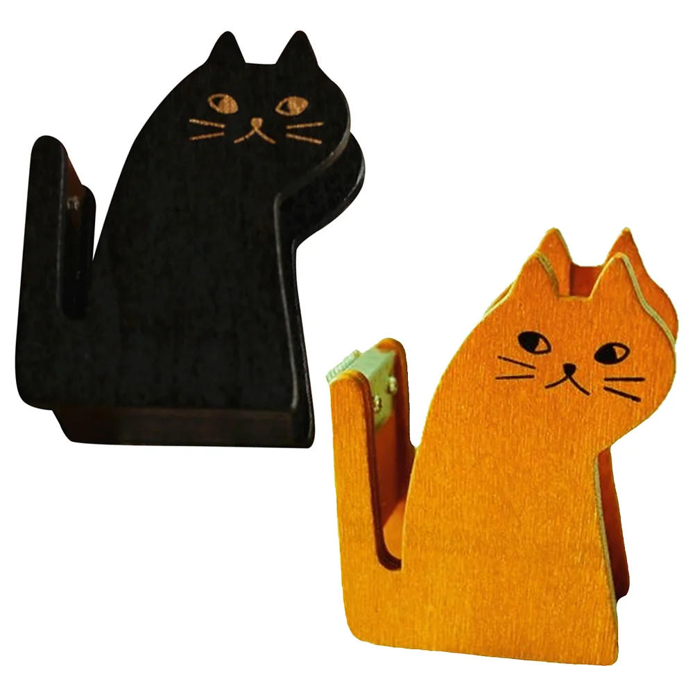 

2 Pcs Cat Tape Holder Stand Desktop Portable Shaped Adorable Wood Convenient Lovely Office Dispenser
