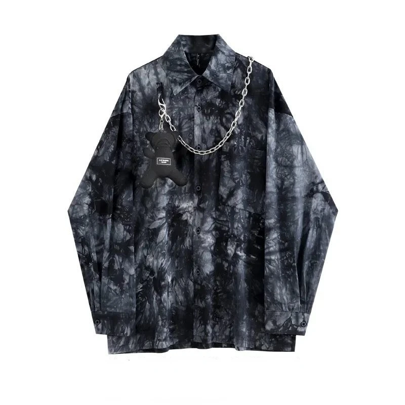 

Long Sleeve Black Tie Dye Shirt for Men Women Summer Blouse Button Up Tops Clothing Korean Fashion Punk Style Hip Hop Clothes