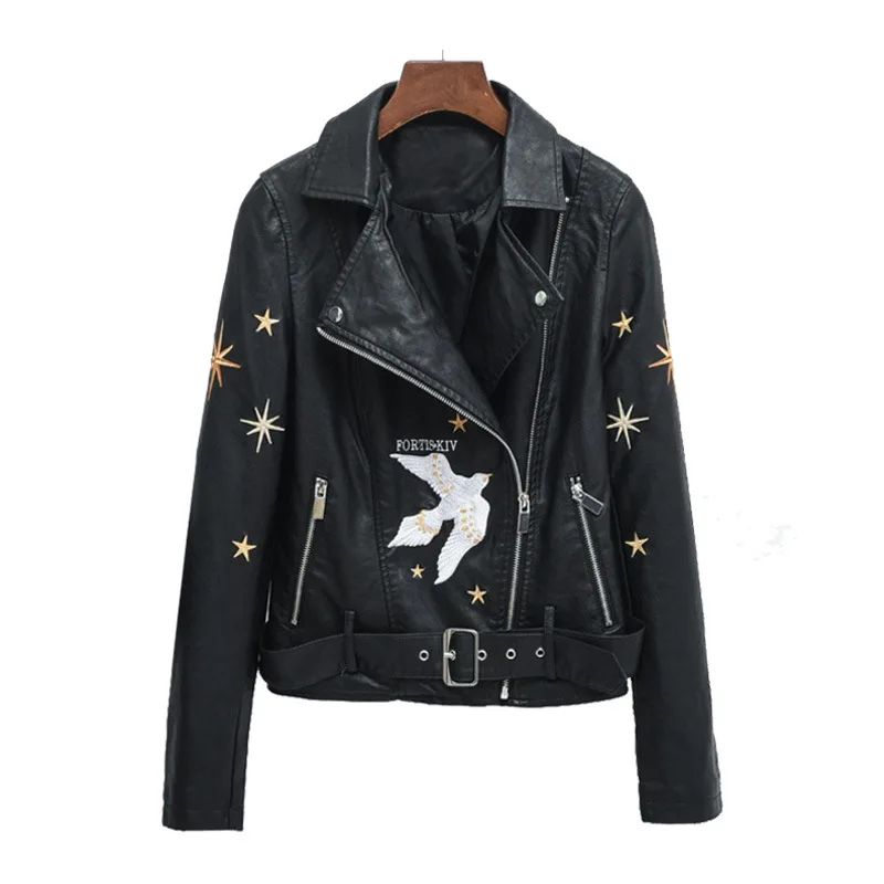 2023 new embroidered women's leather clothing spring and autumn wear belt leather coat slim motorcycle lapel leather jacket