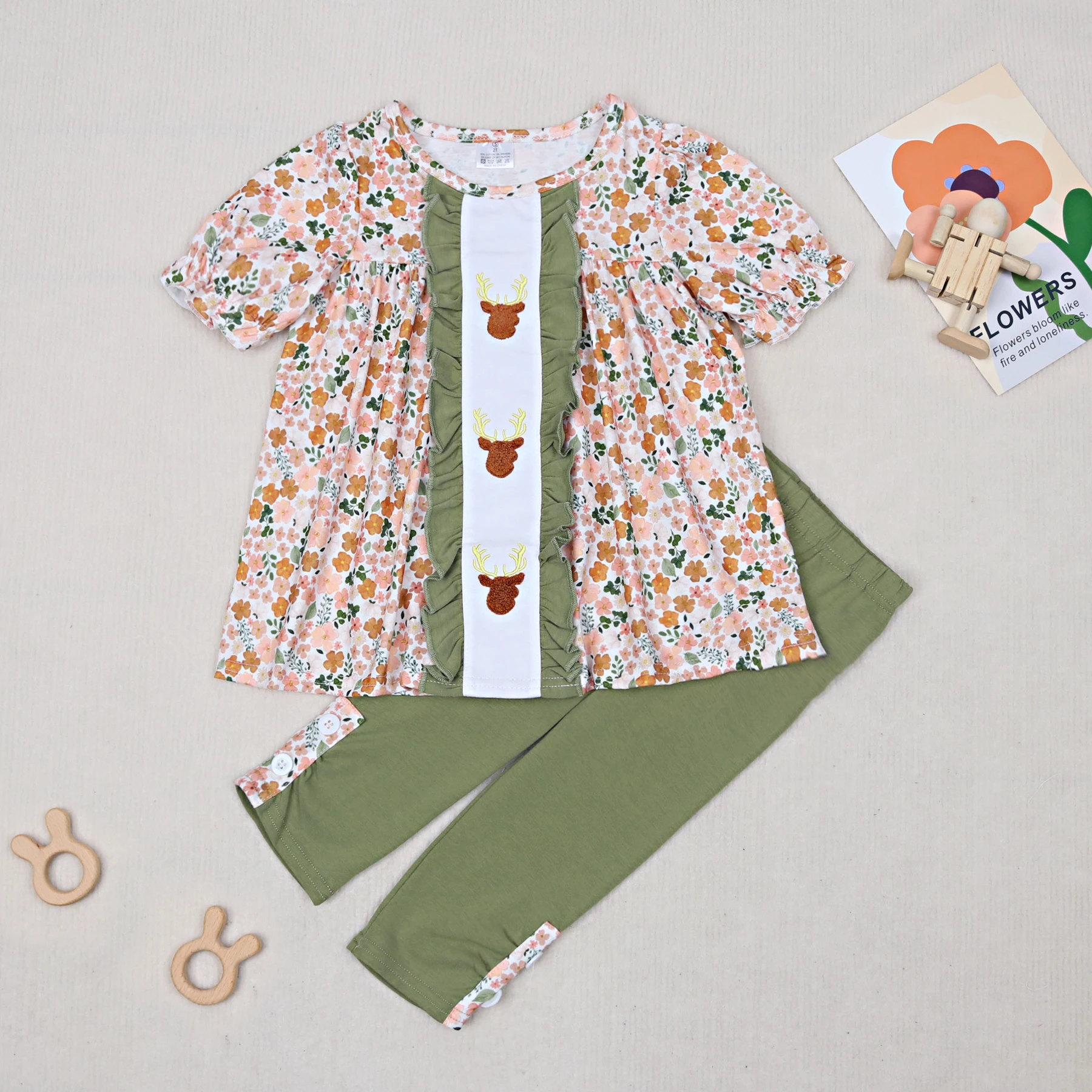 

2023 Fall 1-8T Outfits Floral Long Sleeve Baby Girl Clothes Set 2pc Cotton Suit Deer French Knot Bodysuit Green Ruffle Pnats