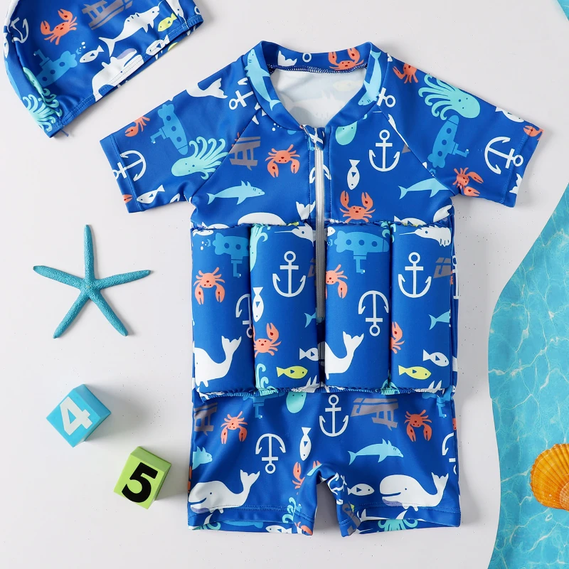 Children's Buoyancy Swimsuit Boys One-pieces Floating Swimsuit Baby Boys Girls Print Summer Swimming Infant Baby Swimwear