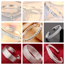 Wholesale Fine 925 Sterling Silver Bangles Bracelet Charms Heart Open for Women Lady Jewelry Adjustment Cuff Wedding Gift