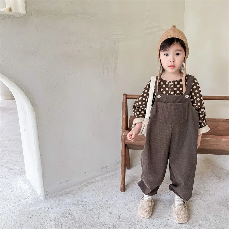 

2023 Autumn Costume Children Waffle Overalls Boy Infant Sleeveless Loose Suspenders Jumpsuit Girl Baby Solid Cotton Casual Pants