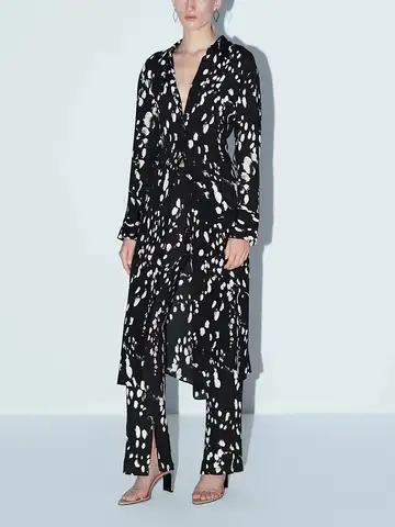 Women's Slim Print Long Dress Elegant Chic Long-sleeved Lapel Summer Female Dress